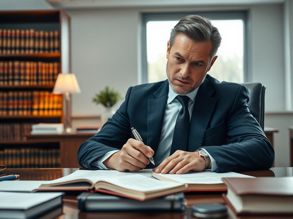 A professional lawyer in a well furnished office, sitting at