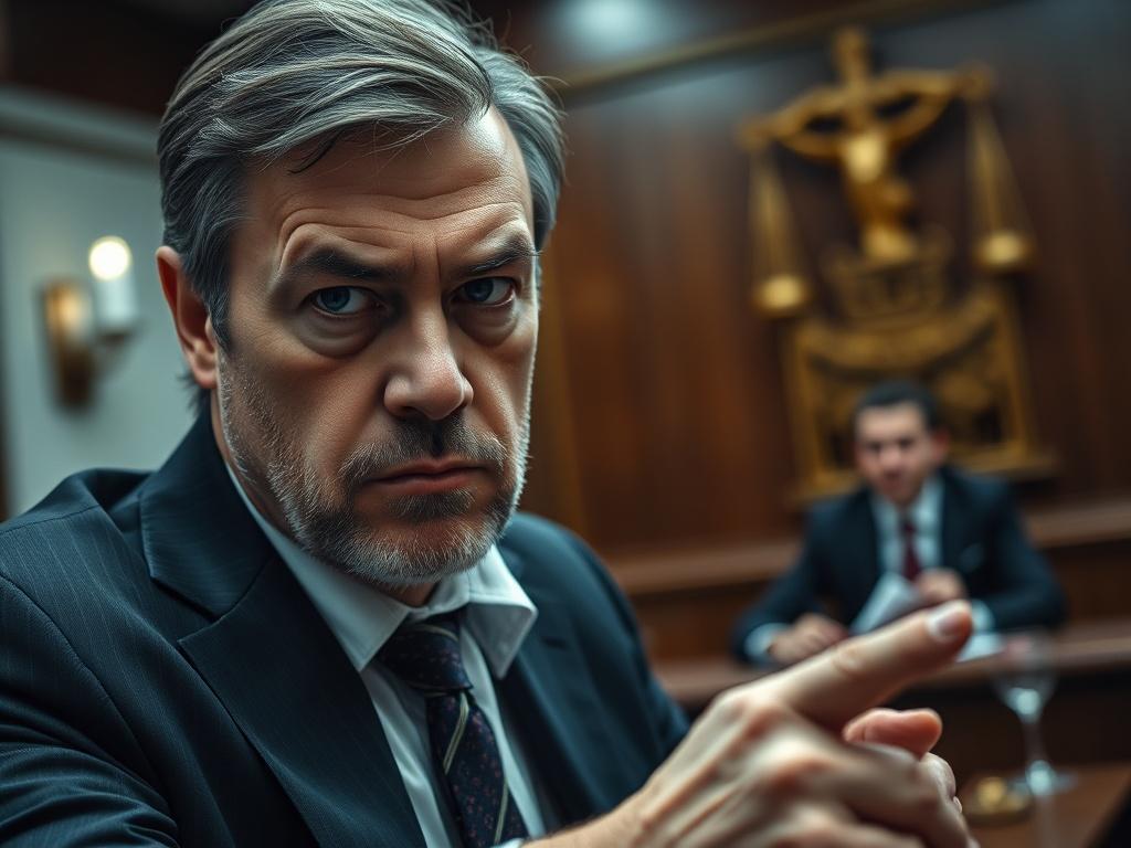 A close up shot of a determined lawyer defending a