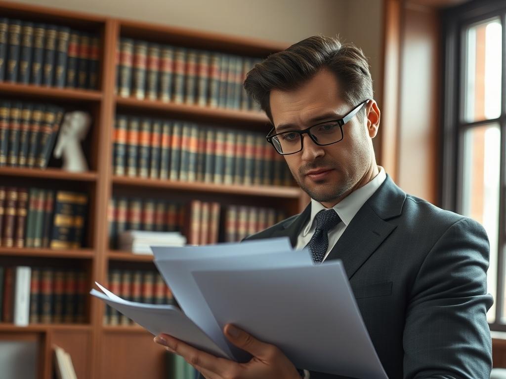 A close-up shot of a confident lawyer in a professional setting, holding legal documents and deep in thought. The background is a softly blurred office environment, featuring bookshelves filled with legal texts and a window that lets in natural light, creating a warm and inviting atmosphere. The image should evoke a sense of trust and professionalism, highlighting the commitment to legal excellence. The color scheme should incorporate rich greens to align with the brand's primary color.