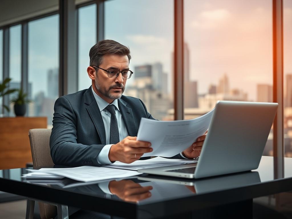 A professional lawyer in a modern office setting, analyzing legal documents related to a commercial case. The lawyer is focused, with a serious expression, seated at a sleek desk with a laptop open and papers organized around them. The background features a large window with a city skyline view, highlighting a busy business environment. The lighting is bright and inviting, emphasizing the professionalism and seriousness of the legal profession.