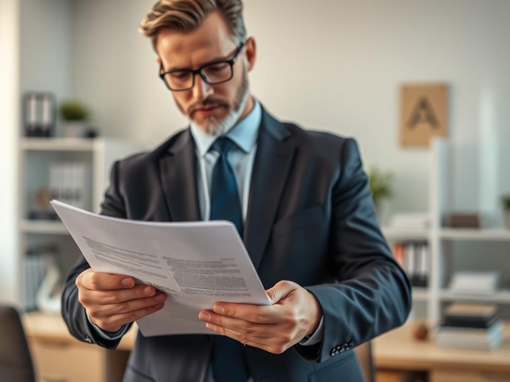 A close-up shot of a confident lawyer reviewing real estate documents in an office setting, with a focus on the documents in hand. The background should be a well-organized office with legal books and a modern desk, conveying professionalism and expertise. The lighting should be warm and inviting, enhancing the serious yet approachable atmosphere, shot with a 45mm f/1.2 lens.